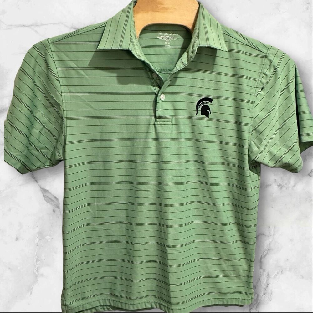Straight Down Shirt Mens Medium Green Striped Polo‎ Golf Logo MSU